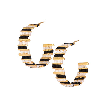 hoop earrings with black and white woven fabric detailing and gold bars