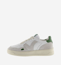 retro style trainer in white and natural suede with green flashes