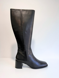 Tall black leather boot with inside zip fastening squared round toe and black leather covered heel