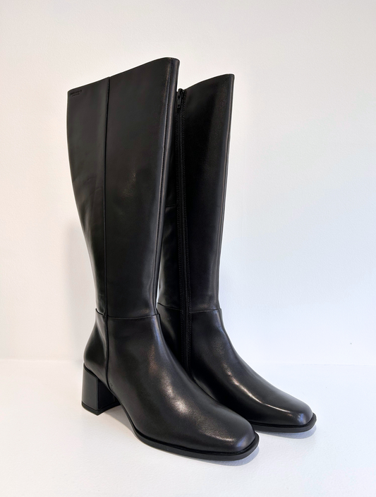 Tall black leather boot with inside zip fastening squared round toe and black leather covered heel