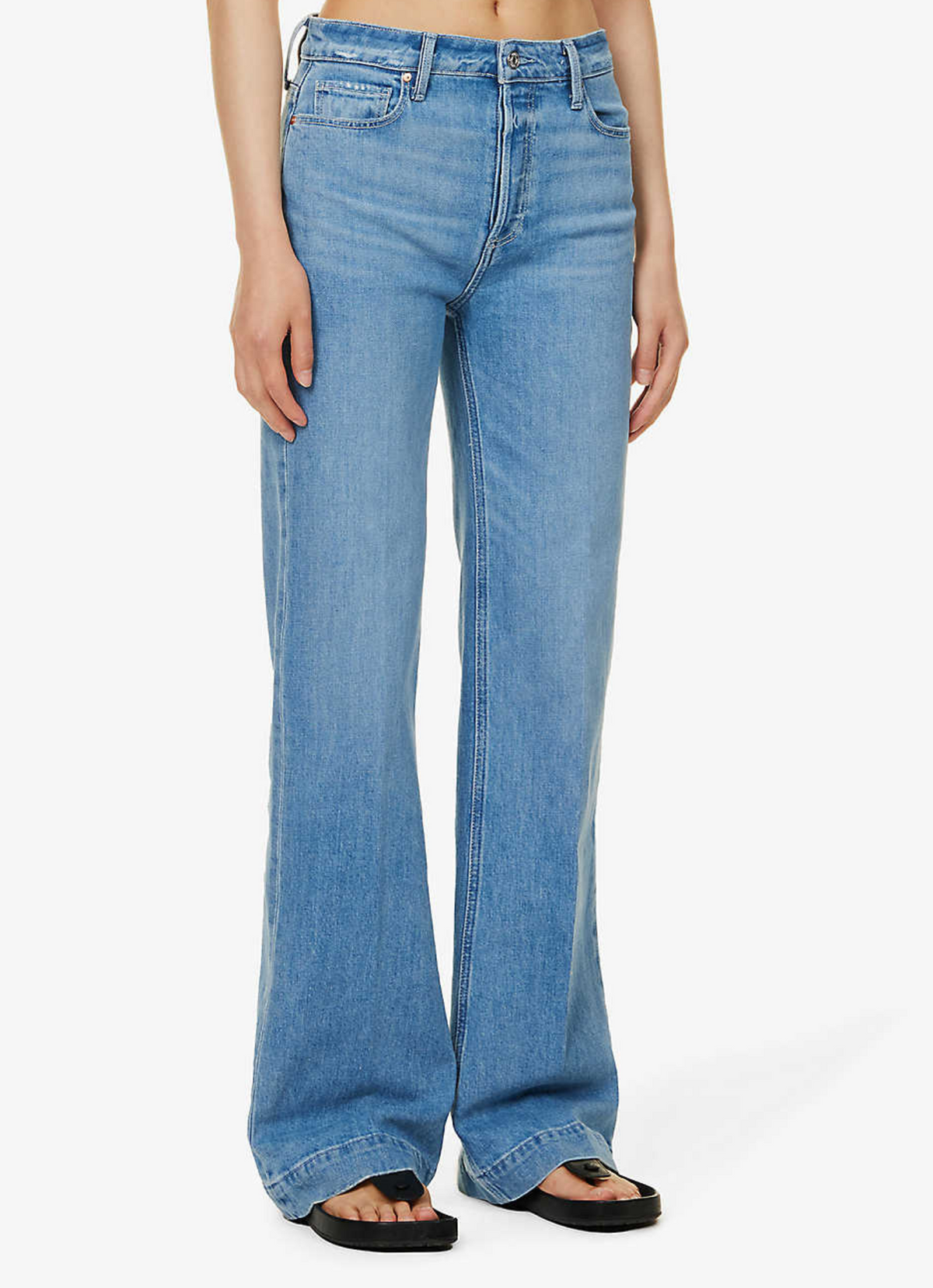 Wide leg light wash jeans with button fly