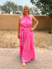 pink halter neck, full length dress