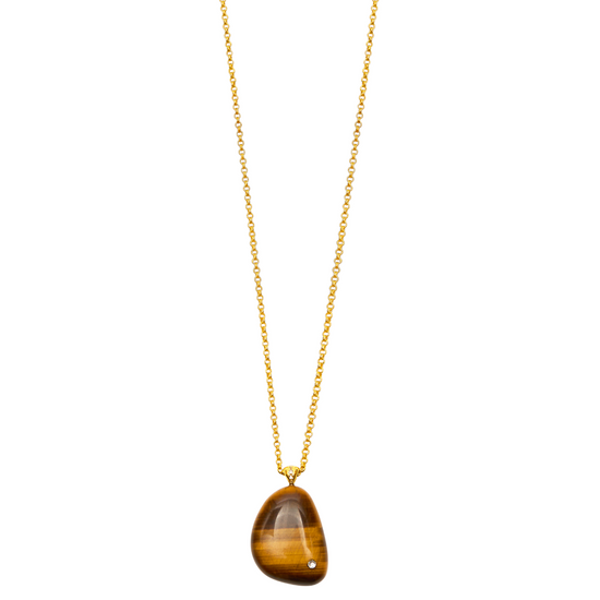 tigers eye rock stone pendant with cz stone and long gold chain with lobster clasp close up