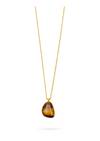 tigers eye rock stone pendant with cz stone and long gold chain with lobster clasp close up