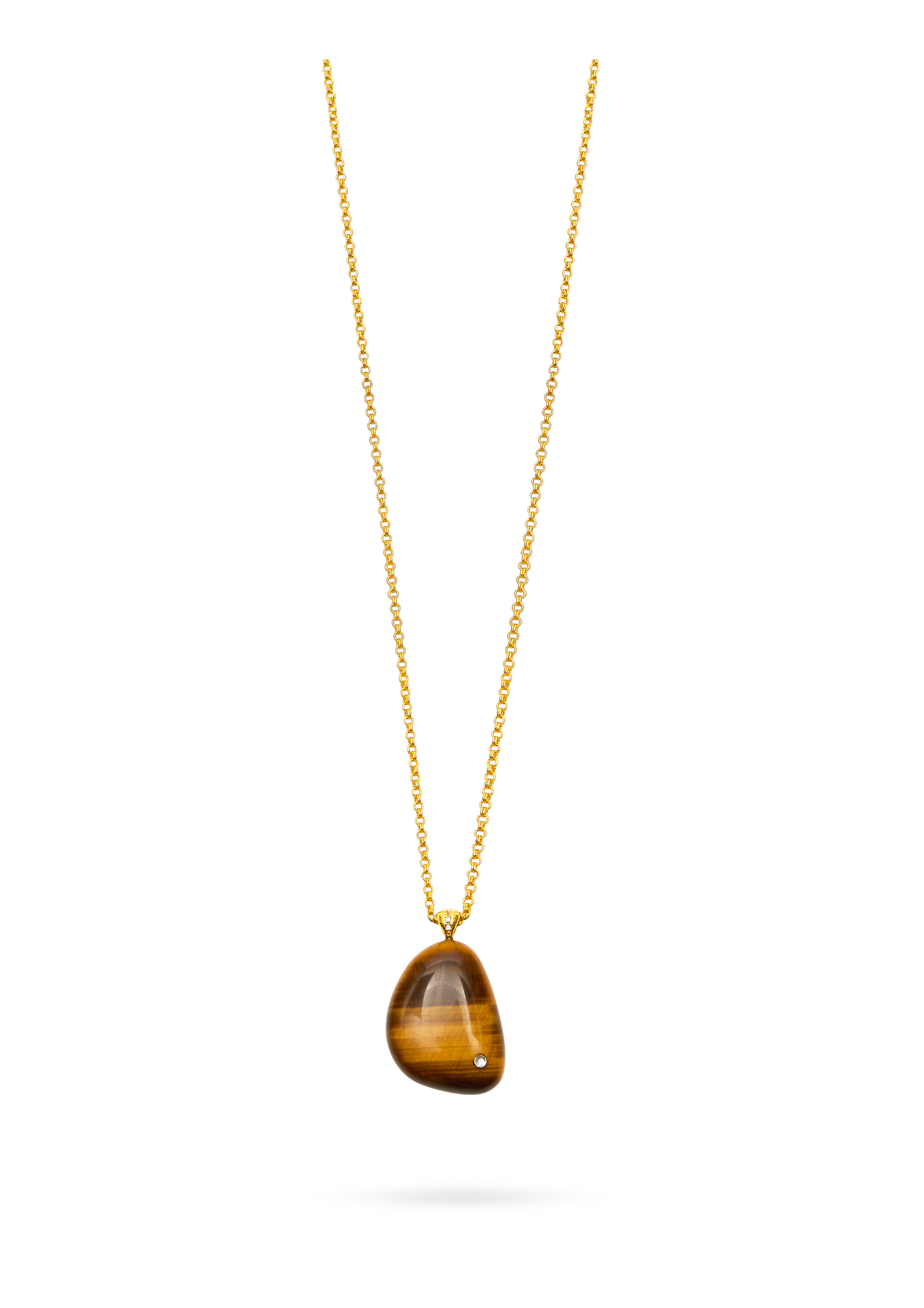 tigers eye rock stone pendant with cz stone and long gold chain with lobster clasp close up