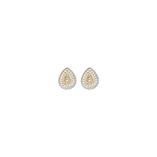A pair of teardrop-shaped gold earrings with a textured spiral pattern and a border of small clear stones, shown on a plain white background.
