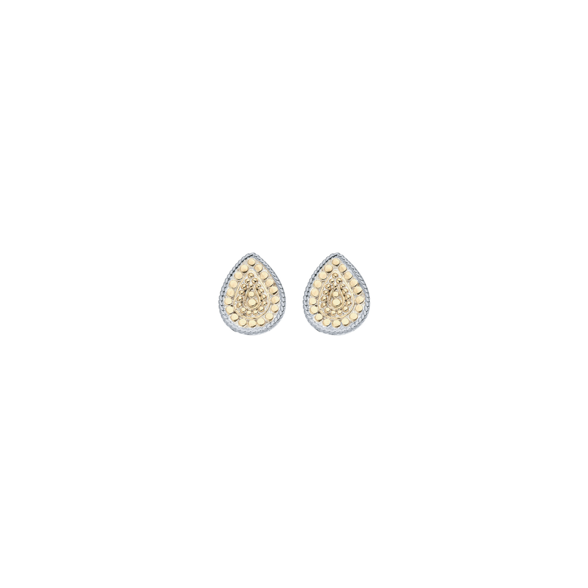 A pair of teardrop-shaped gold earrings with a textured spiral pattern and a border of small clear stones, shown on a plain white background.