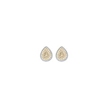 A pair of teardrop-shaped gold earrings with a textured spiral pattern and a border of small clear stones, shown on a plain white background.