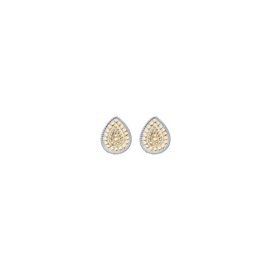A pair of teardrop-shaped gold earrings with a textured spiral pattern and a border of small clear stones, shown on a plain white background.