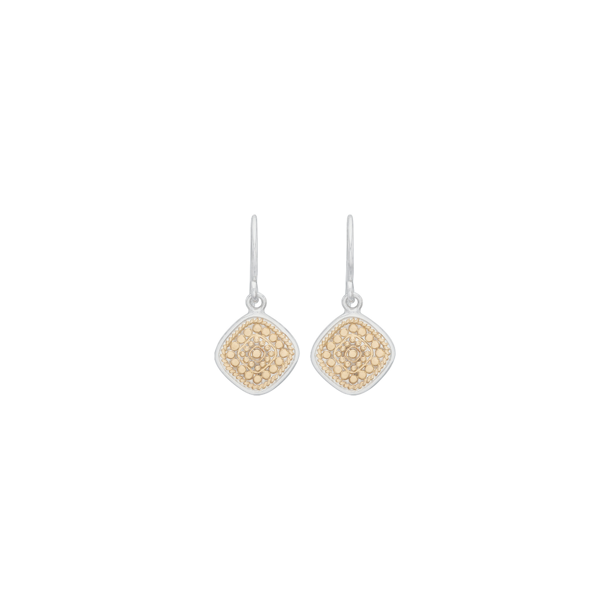 A pair of silver drop earrings with diamond-shaped pavé settings in yellow gold, shown on a plain white background.