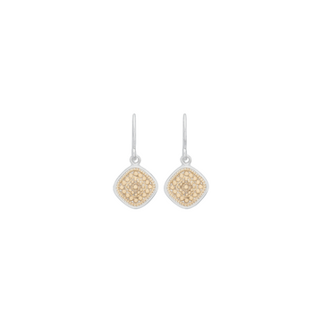A pair of silver drop earrings with diamond-shaped pavé settings in yellow gold, shown on a plain white background.