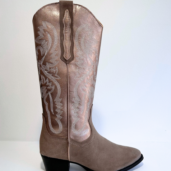 Metalic leather and beige suede mid-calf cowboy boot with contrast stitching and black wooden slanted stacked heel