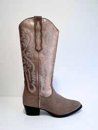 Metalic leather and beige suede mid-calf cowboy boot with contrast stitching and black wooden slanted stacked heel