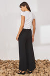 Black wide leg trousers with elasticated waistband and drawstring with crinkle fabric
