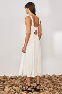 White crinkle effect midi dress with straps cut out at the back and bow front with empire line