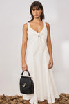 White crinkle effect midi dress with straps cut out at the back and bow front with empire line