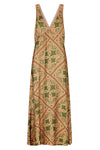 V neck and back maxi dress in soft pink and dark green with floral and geometric pattern