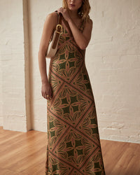 V neck and back maxi dress in soft pink and dark green with floral and geometric pattern