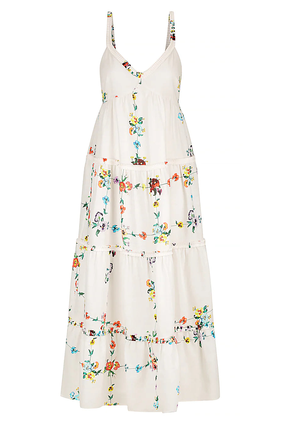 Linen and cotton blend white summer dress with colourful grid floral print with ruffle detail throughout triple layered skirt and thing straps with sweetheart neckline