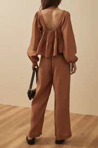 Brown linen top with balloon sleeves rear view