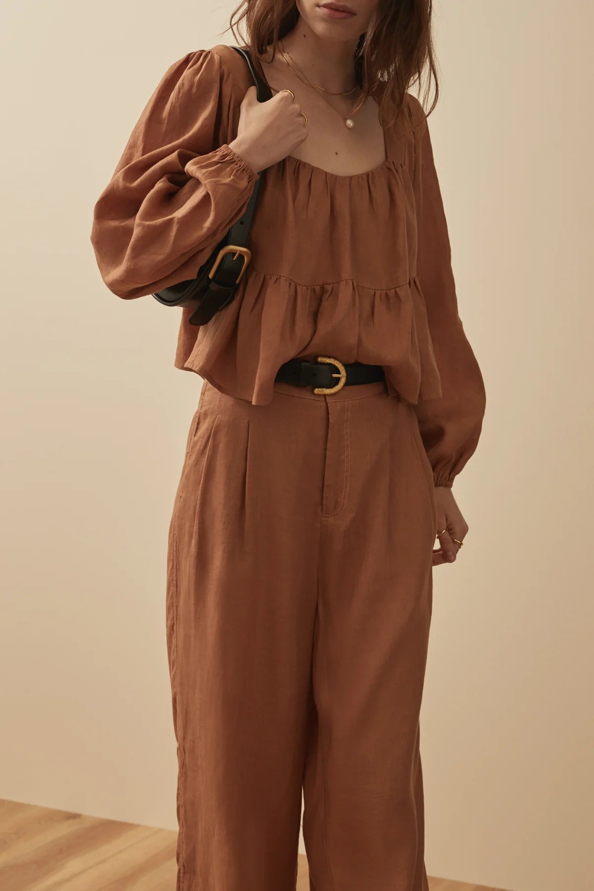 Brown linen top with balloon sleeves
