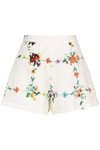 White lined shorts with a colourful floral pattern