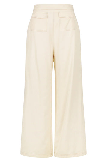 Cream linen wide leg trousers with two front patch pockets