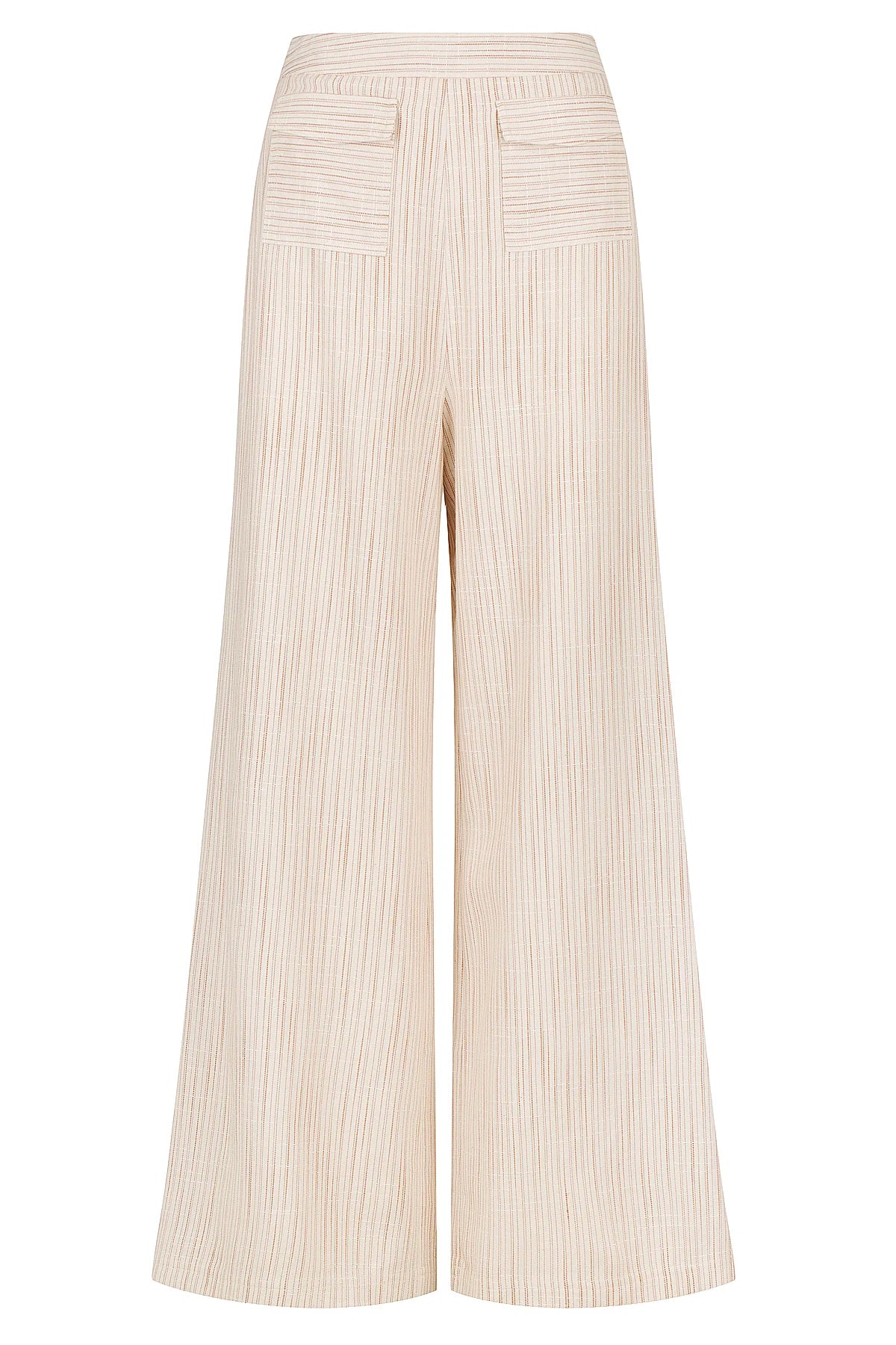 Cream striped linen wide leg trousers with two front patch pockets