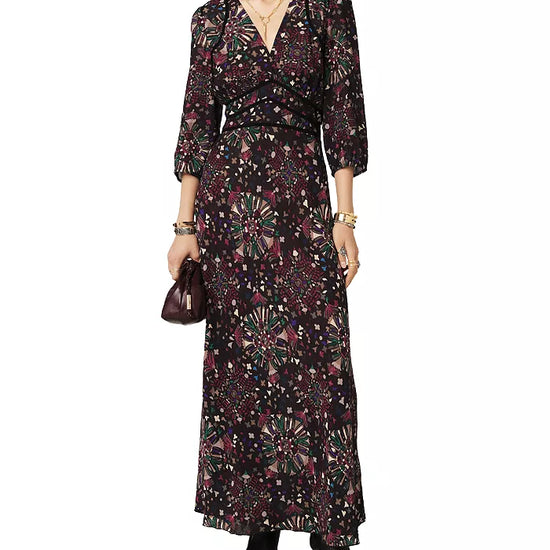 Midaxi length dress with V neck and 3/4 length sleeves with all over print