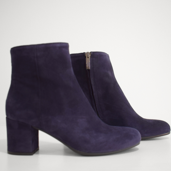 Navy suede block heel boots with side zip