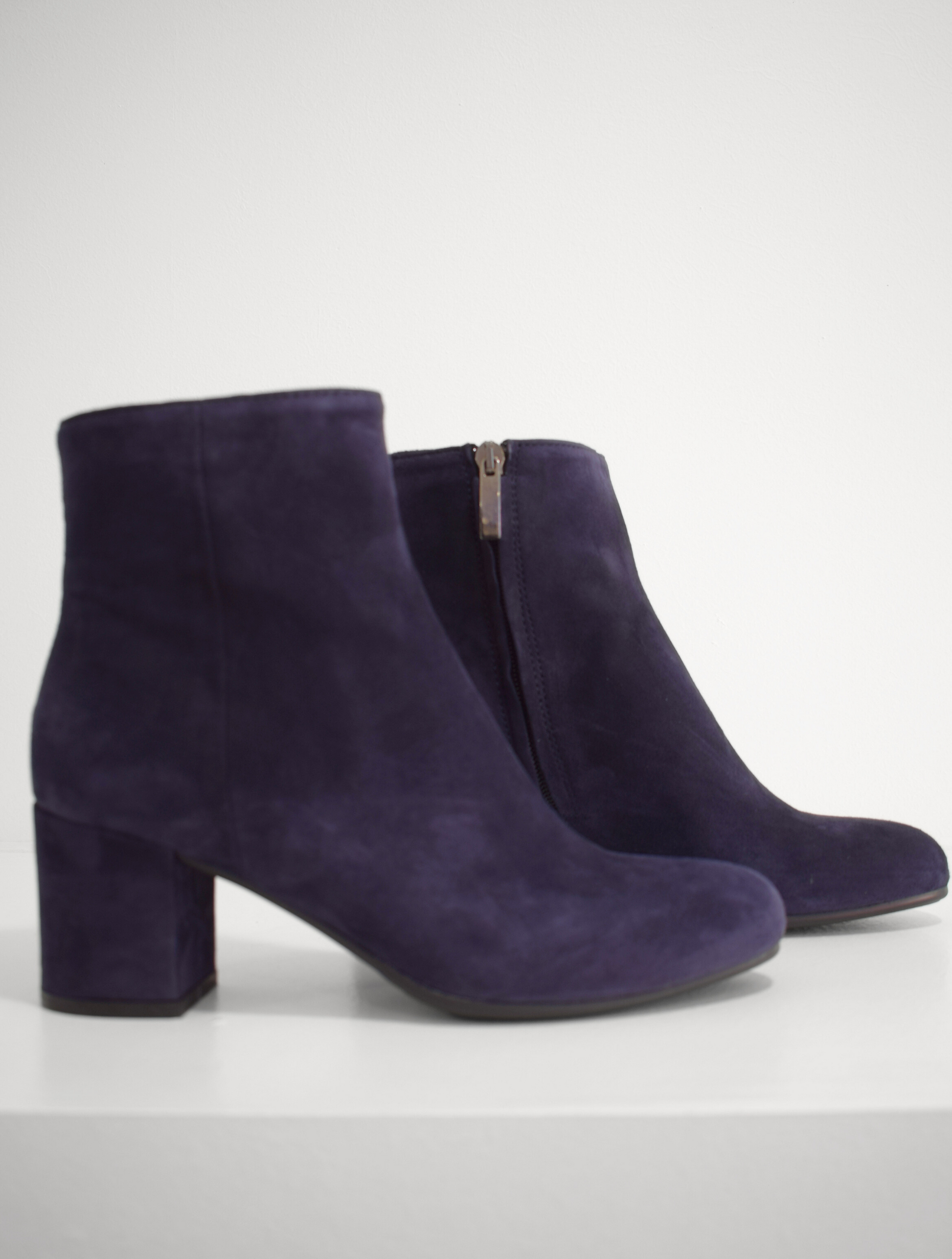 Navy suede block heel boots with side zip