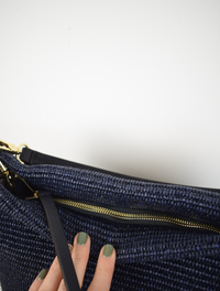 Navy raffia bag with leather strap 