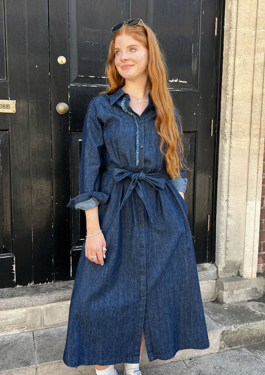 denim frayed edge dress with button front 