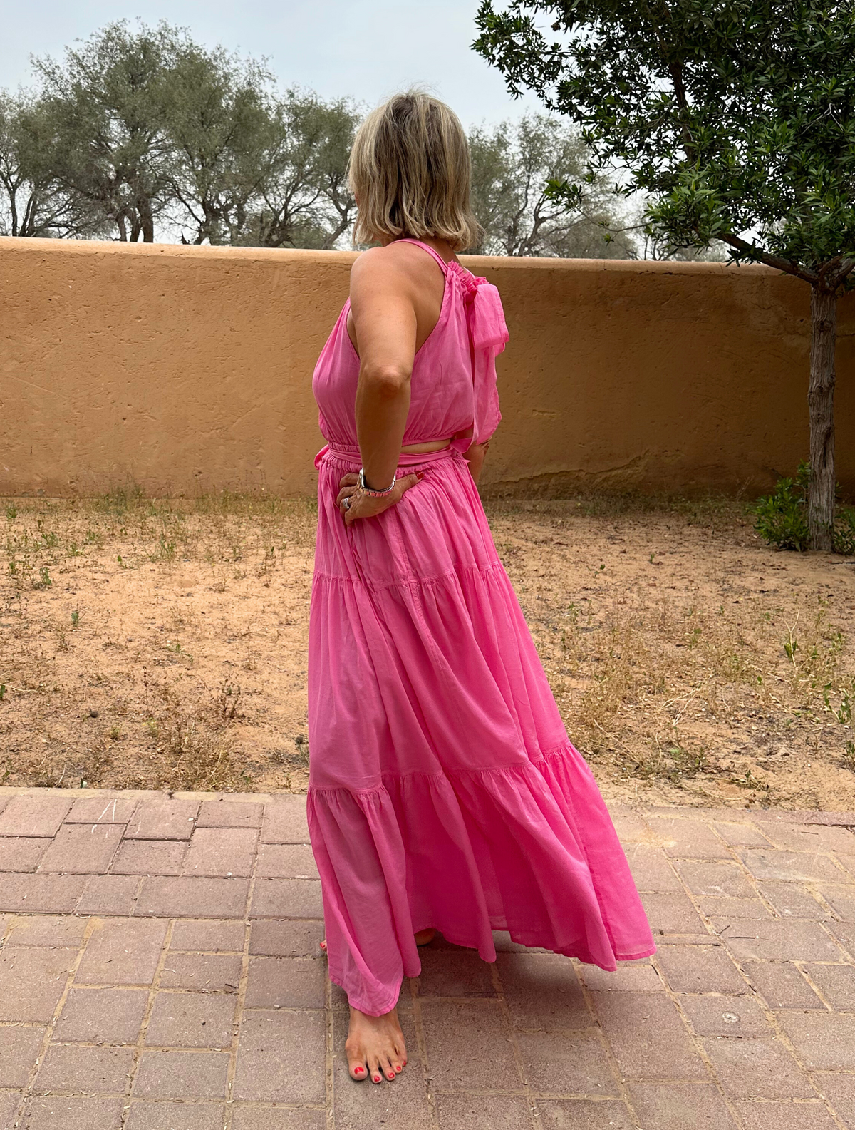 pink halter neck, full length dress