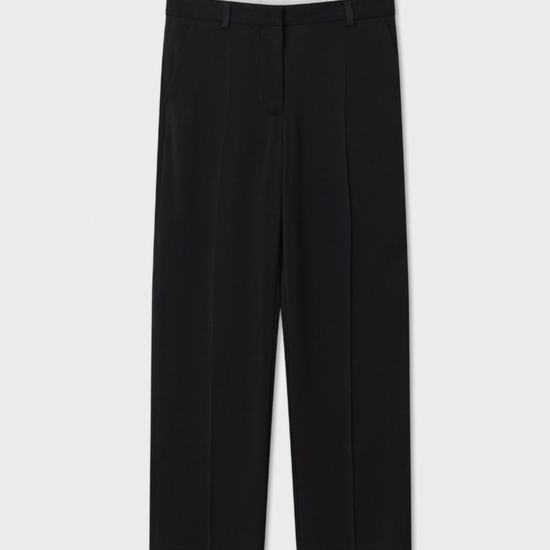 Black tapered tailored flat fronted trousers with side pockets and centre creases