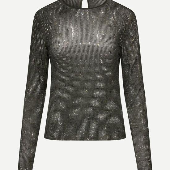 dark grey mesh top covered in rhinestones with round neck and long sleeves 