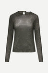 dark grey mesh top covered in rhinestones with round neck and long sleeves 