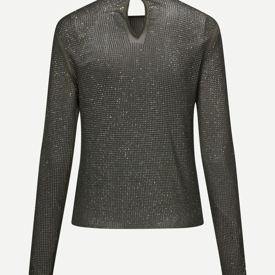 dark grey mesh top covered in rhinestones with round neck and long sleeves rear view 