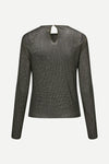 dark grey mesh top covered in rhinestones with round neck and long sleeves rear view 