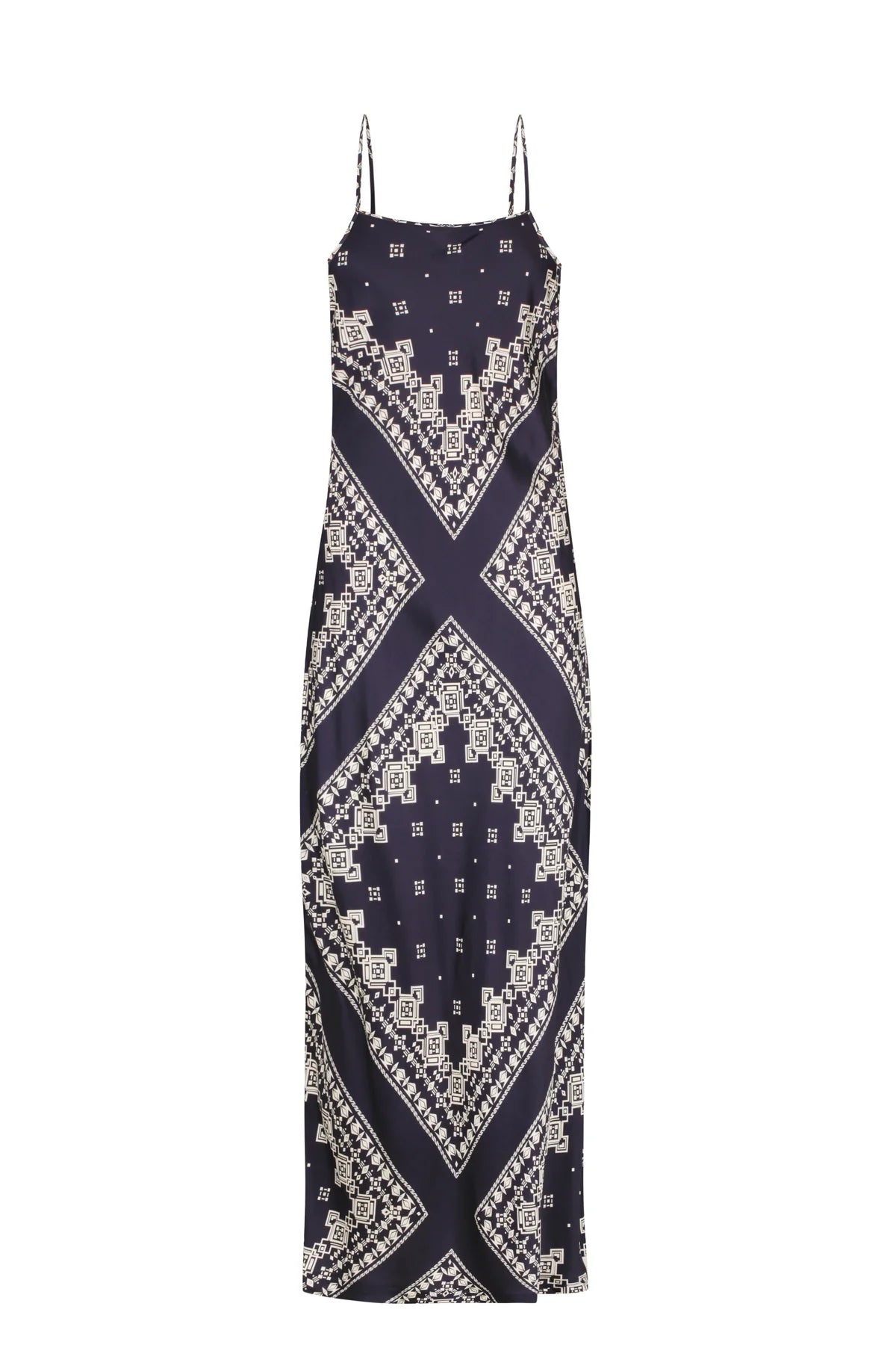 Navy strappy summer dress with white geometric diamond shaped print and adjustable back straps