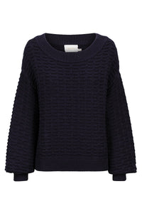 Basket weave navy jumper with scoop neck and long delicately ballooned sleeves with ribbed cuff collar and hem