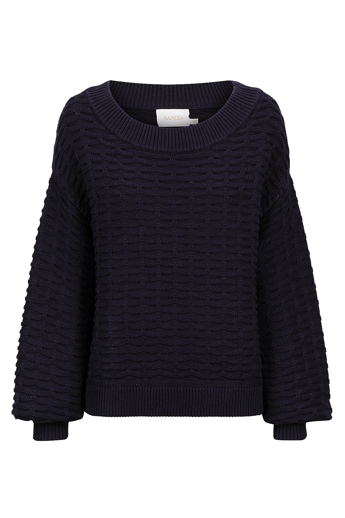 Basket weave navy jumper with scoop neck and long delicately ballooned sleeves with ribbed cuff collar and hem