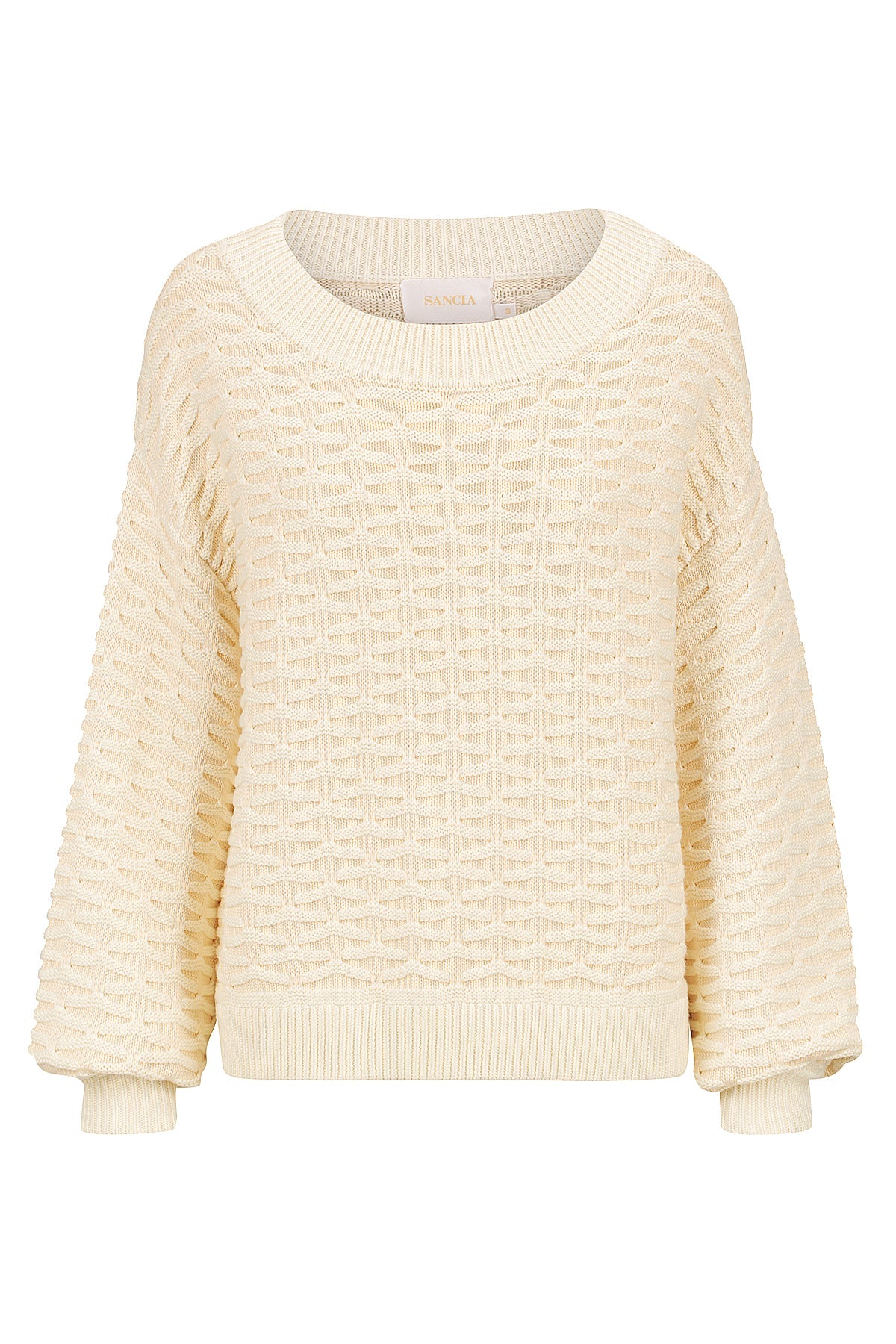 Cream basket weave knitted scoop neck jumper with subtle blouson sleeves
