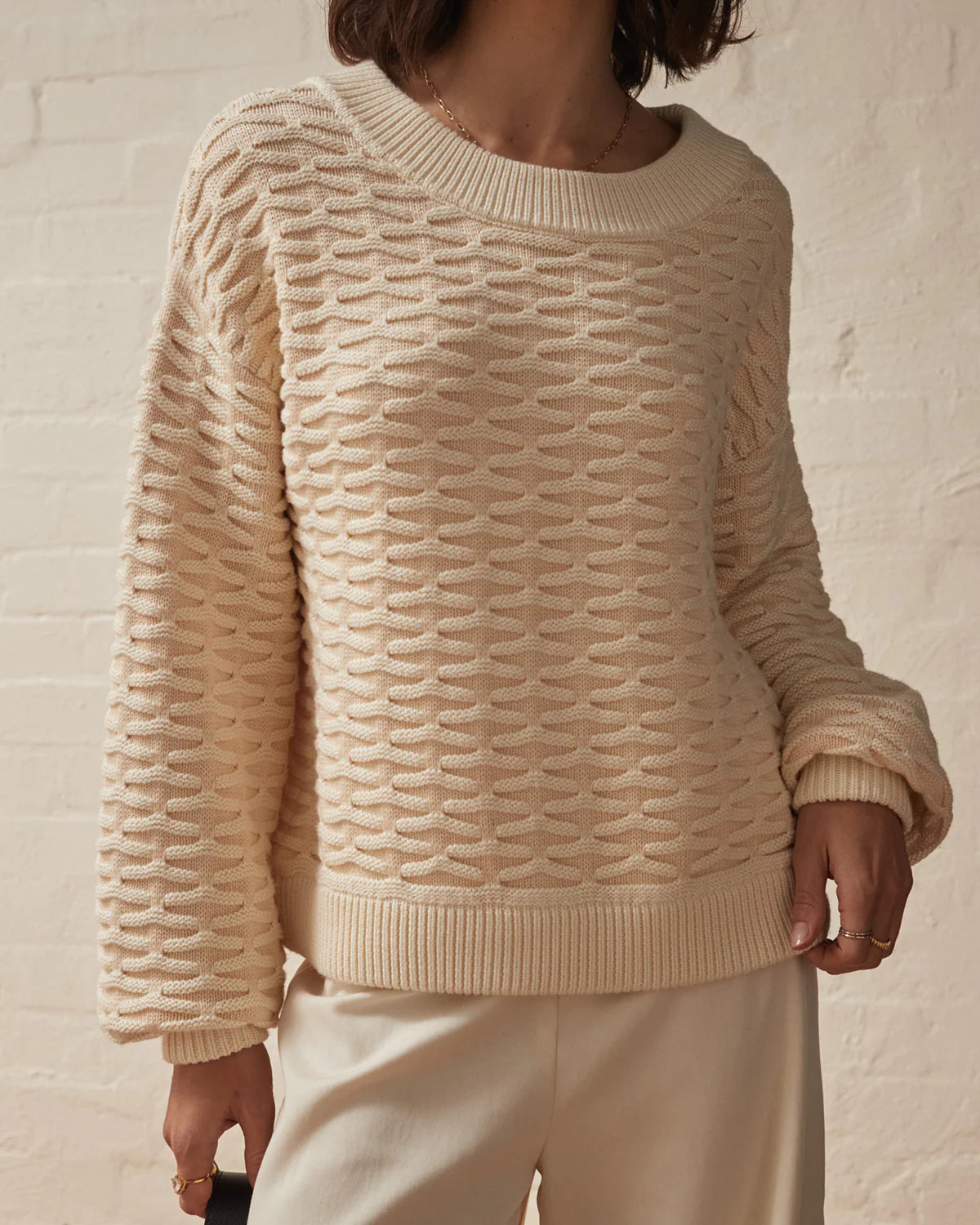 Cream basket weave knitted scoop neck jumper with subtle blouson sleeves