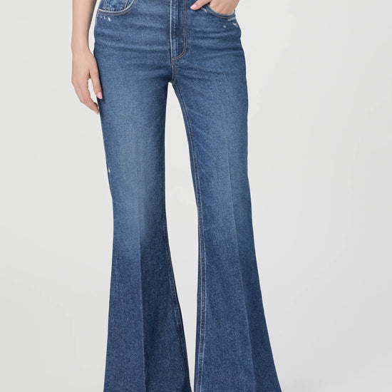 Medium blue high waist jeans with flared bottom front view