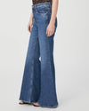 Medium blue high waist jeans with flared bottom side view