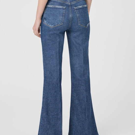 Medium blue high waist jeans with flared bottom rear view