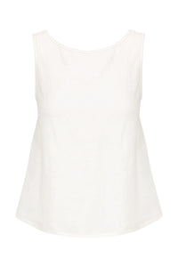 Linen top with crew neck and open back with elasticated back straps