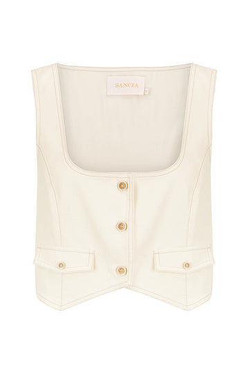 Cream cropped waistcoat with button fastening and two front patch pockets