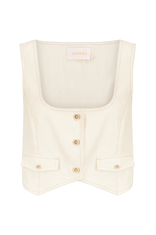 Cream cropped waistcoat with button fastening and two front patch pockets